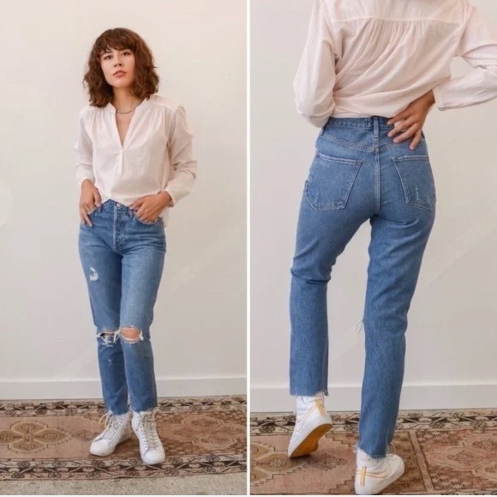 Agolde Jamie High Rise Classic Straight Distressed Jeans in Arrival